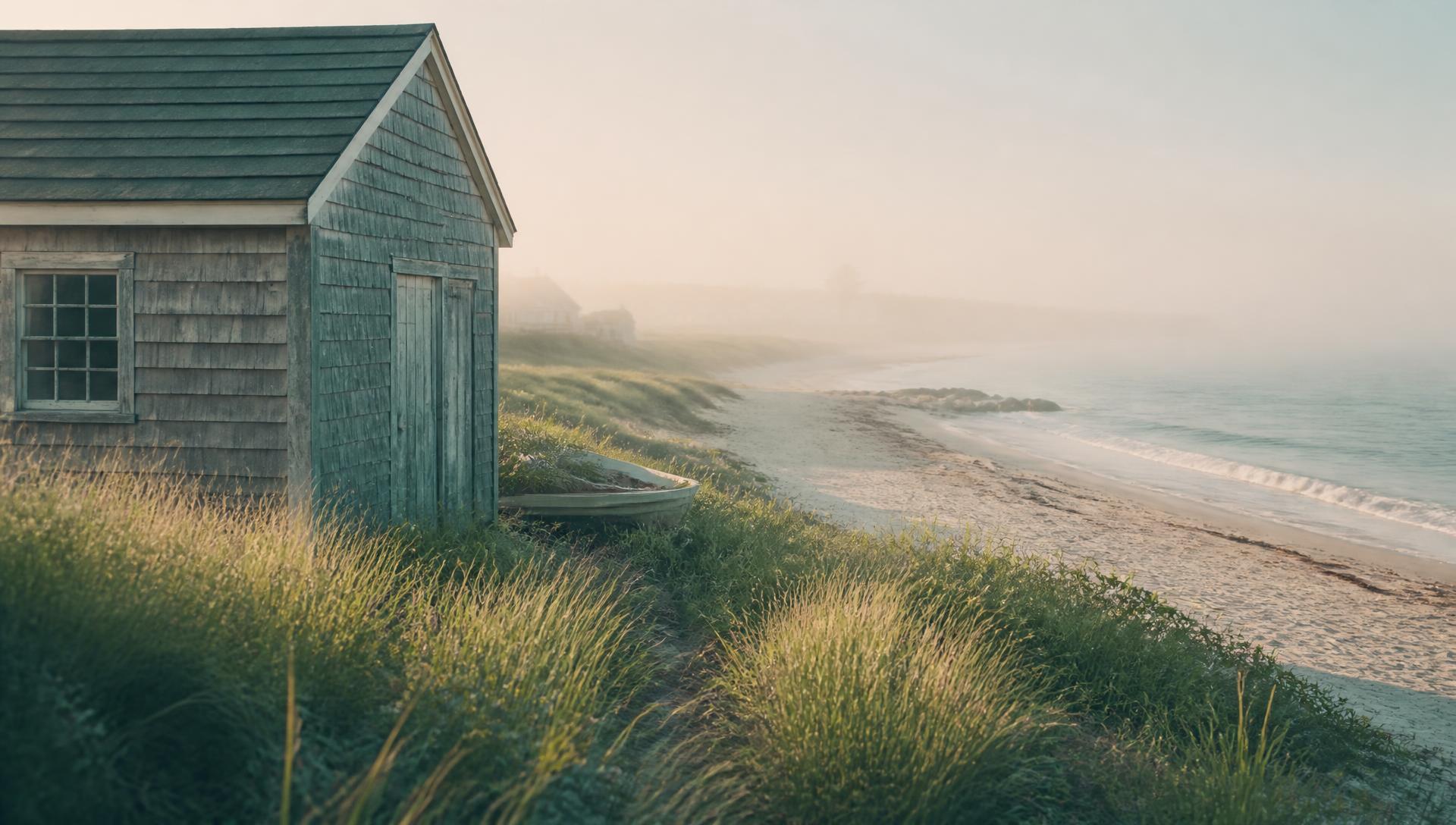 A weathered cedar ham house on the dunes in early morning sea fog